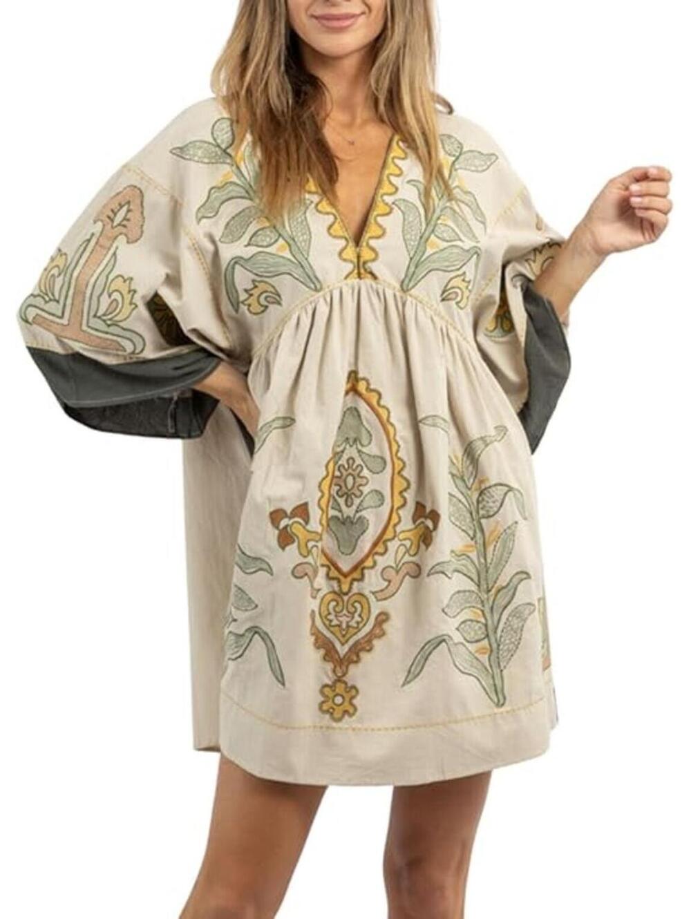 NWOT Joiemont Oversized Embroidered V-Neck Vintage Babydoll Dress, Large